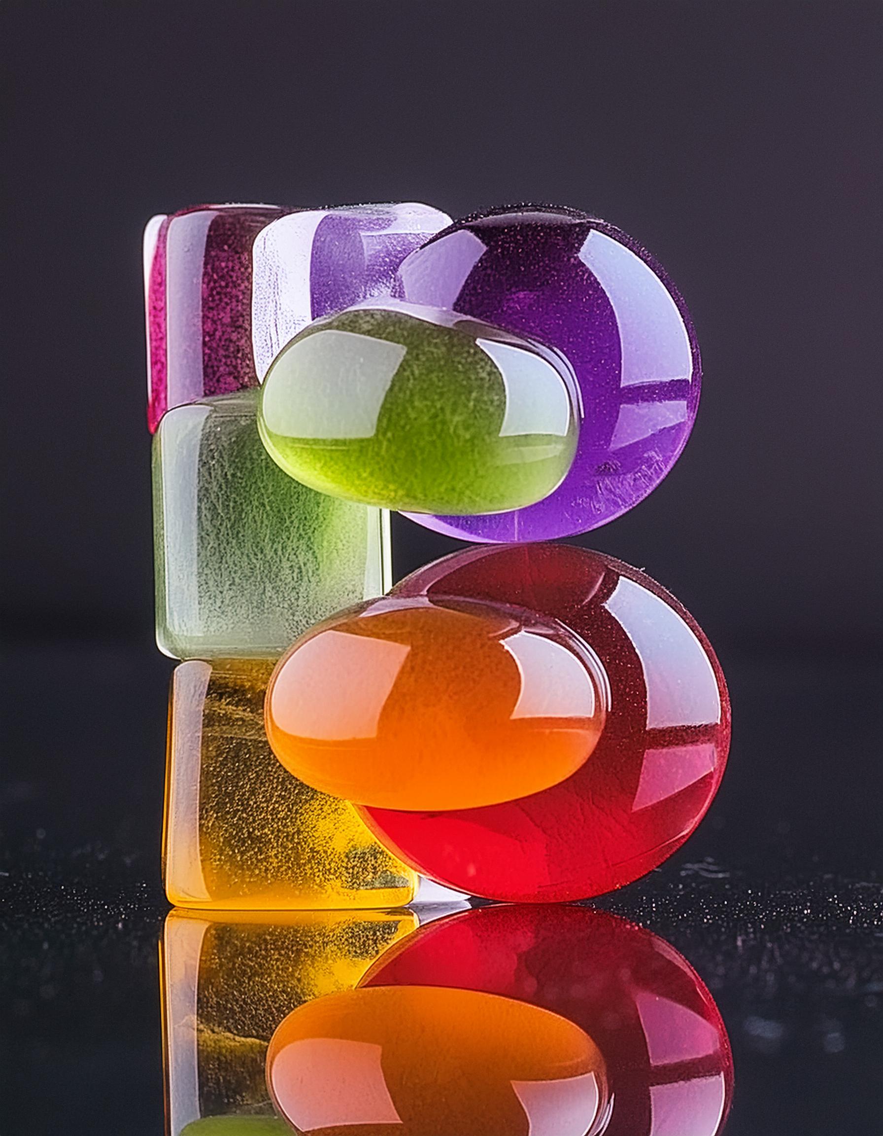 Firefly colorful transparent clear soft rounded shiny glass shapes on isolated black 14566