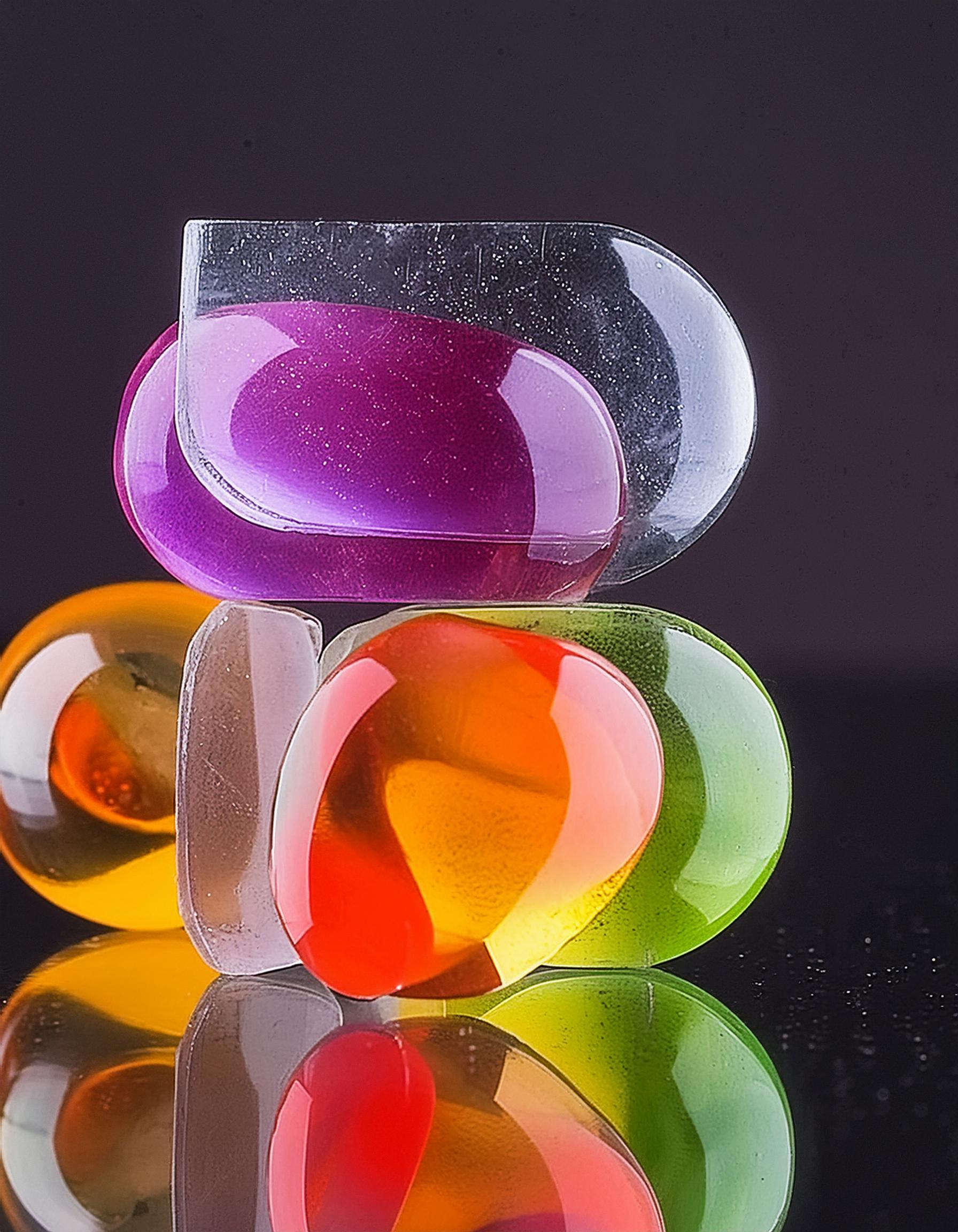 Firefly colorful transparent clear soft rounded shiny glass shapes on isolated black 55484